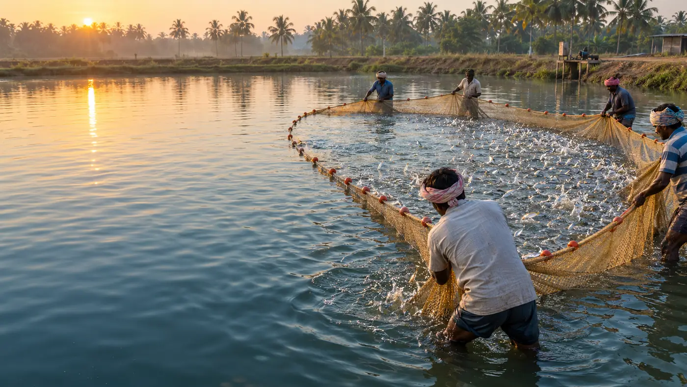 Farmers netting fingerlings in an earthen pond