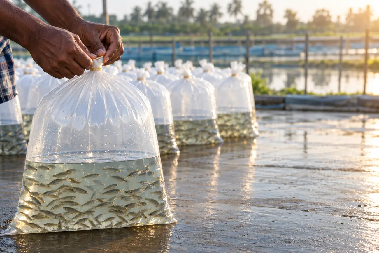 Hands tying an oxygen-filled bag of fingerlings